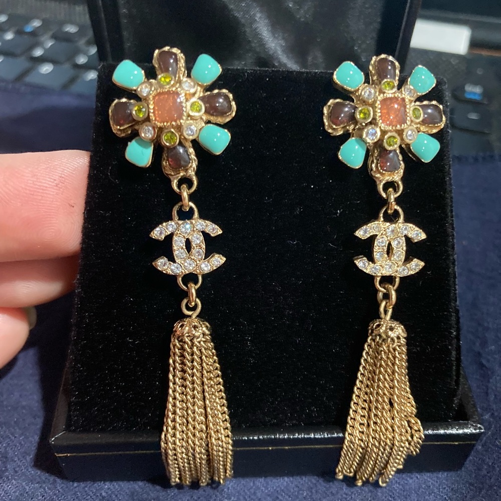 Chanel 05P crystal and enamel Fringed CC Earrings